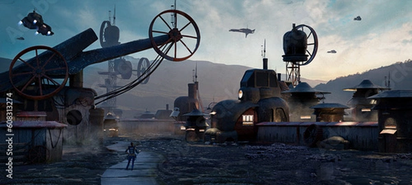 Fototapeta digital 3d illustraiton of a whimsical junkyard tech environment - fantasy sci-fi painting