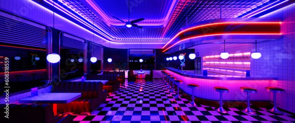 Fototapeta Retro diner interior with tile floor, jukebox, neon illumination, vintage arcade machine and bar stools. 3d illustration.