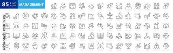 Fototapeta Management line icons set. Business Managment and Direction elements outline icons collection. Businessman, Career, Human Resources, Employee, Strategy, Communication, Teamwork - stock vector