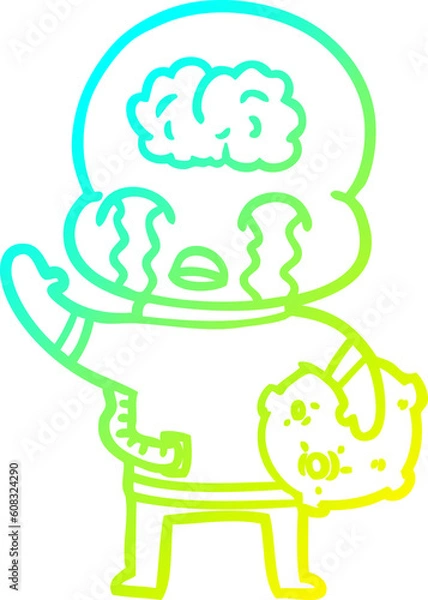 Fototapeta cold gradient line drawing of a cartoon big brain alien crying and waving goodbye