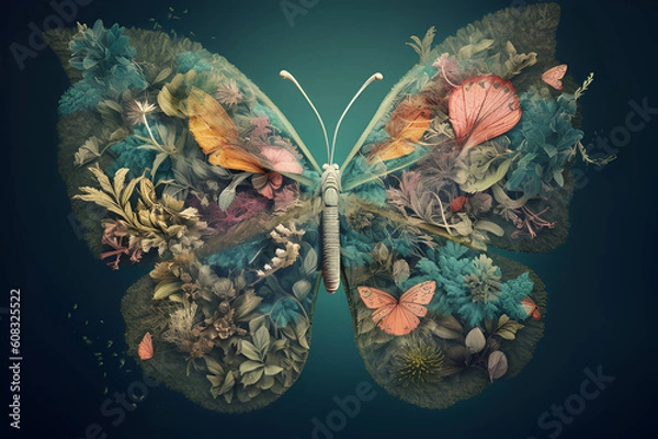 Fototapeta lungs surrounded by beautiful flowers and butterflies, in the style of photo-realistic compositions, colorful woodcarvings