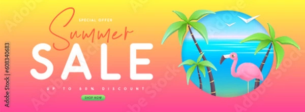 Fototapeta Summer big sale banner with 3d plastic flamingo and palm trees. Summer background. Vector illustration