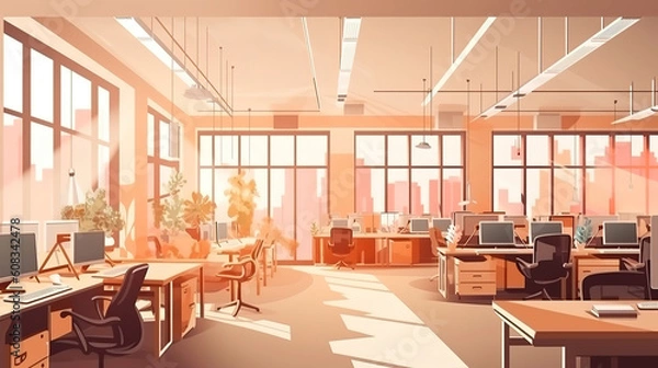 Fototapeta Office workspace vector illustration or coworking business open workplace interior. Generative Ai