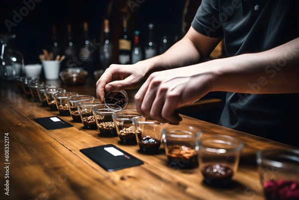 Fototapeta A barista hosting a coffee tasting session, guiding customers through the flavors and aromas of different coffee beans. Generative AI