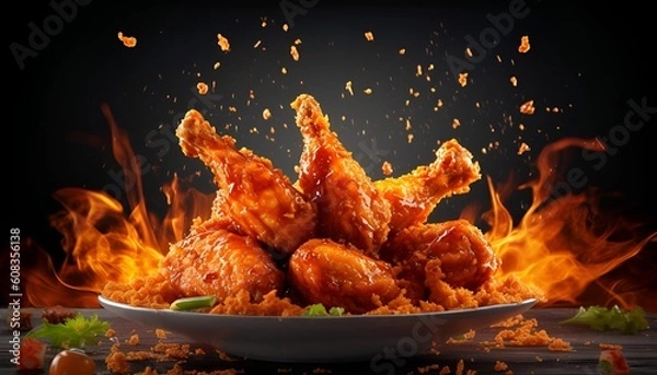 Obraz Grilled chicken wings with sauce exploding behind