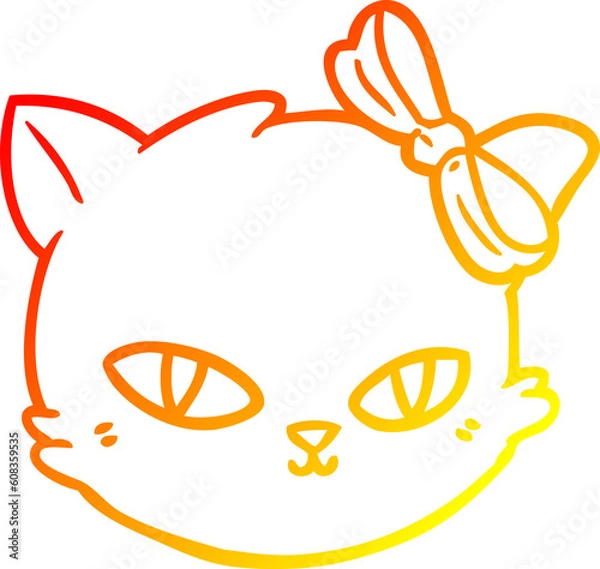 Fototapeta warm gradient line drawing of a cartoon cat wearing bow
