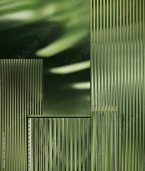 Fototapeta Minimal style mockup for product presentation. Ribbed glass podium on green garden background. 3d rendering illustration. Clipping path of each element included.