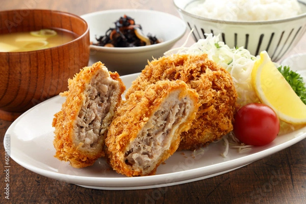 Fototapeta お肉屋さんのメンチカツ定食