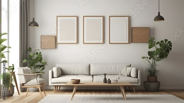 Fototapeta Minimalist Interior of modern living room 3D rendering, generative ai