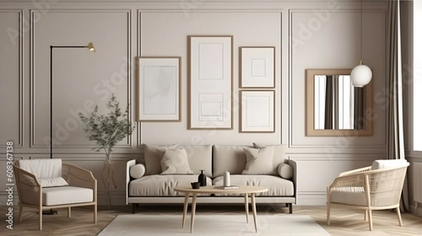 Fototapeta Minimalist Interior of modern living room 3D rendering, generative ai