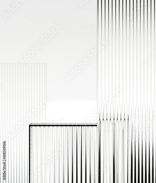 Obraz Minimal style mockup for product presentation. Ribbed glass podium on white background. 3d rendering illustration. Clipping path of each element included.