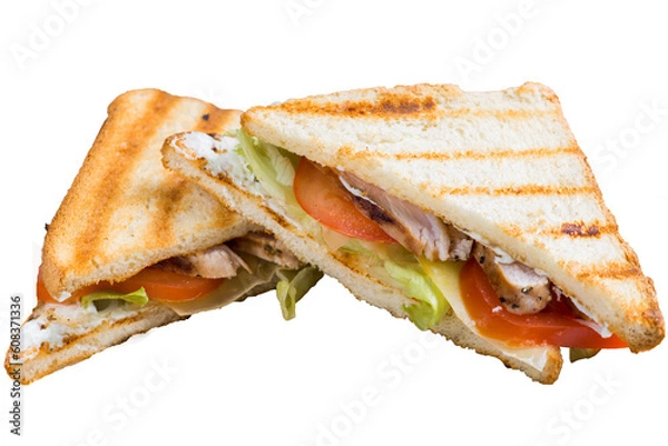 Obraz Grilled sandwich with vegetables and chicken in a triangular shape