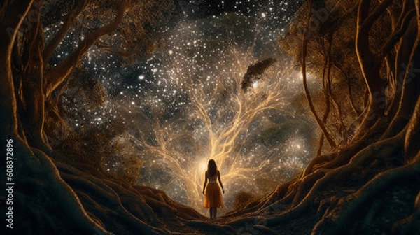 Fototapeta Surreal illustration of woman opening a portal in the forest - generative AI