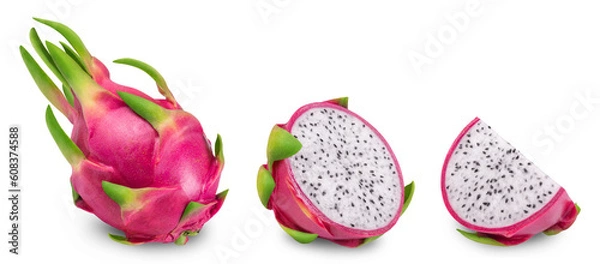 Fototapeta Pitaya isolated set. Collection of ripe dragon fruit or pitahaya, half and slice of the fruit on a white background.