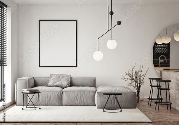 Fototapeta Mockup poster frame on the wall of living room. Luxurious apartment background with contemporary design. Modern interior design. 3D render, 3D illustration