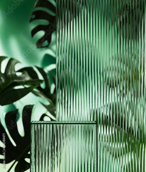 Fototapeta Minimal style mockup for product presentation. Ribbed glass podium on green garden background. 3d rendering illustration. Clipping path of each element included.