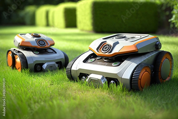 Fototapeta Rasenmäher roboter autonom gesteuert auf der Wiese, aigenerativ