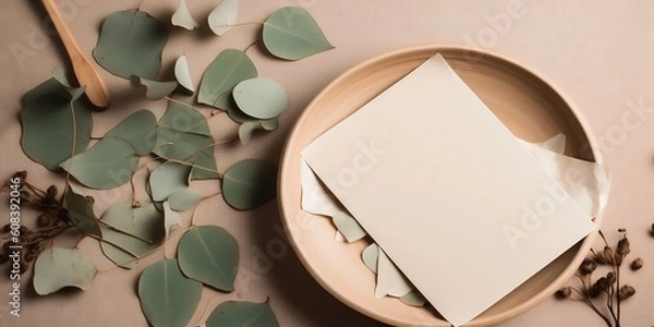 Fototapeta Top view, closeup blank card mockup on wooden plate, plain table background with dry eucalyptus leaves. Wedding composition. Boho design. Generative AI.