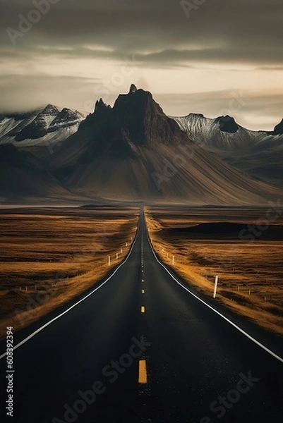 Fototapeta Empty long road with mountains in the background dark clouds. Landscape painting. Vertical wallpaper. Travel and life concept. Generative AI.