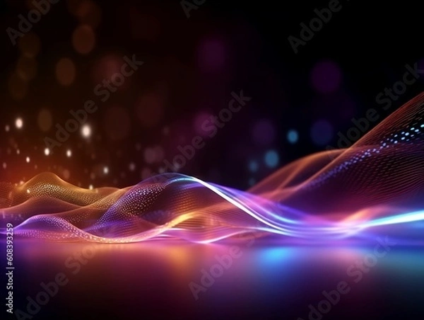 Obraz High speed moving neon waveform lines with bokeh lights. Abstract futuristic background with orange, purple, pink neon waves. The concept of speed and data transfer. Generative AI.