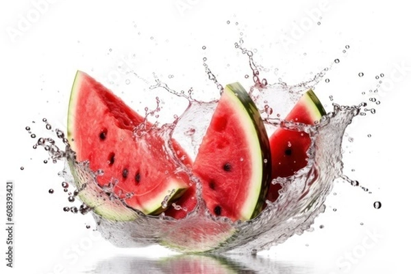 Obraz stock photo of water splash with sliced watermelon isolated Food Photography