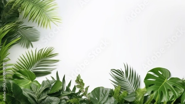 Obraz Background of tropical green leaves. Banner layout for a text field. the concept of recreation and travel. Background with tropical green leaves of monstera.. generative ai