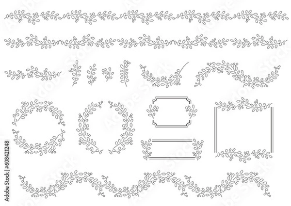 Fototapeta シンプルな植物の線画　フレームとラインのセット　白フチなし