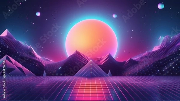Fototapeta A surreal futuristic landscape with pink sun and palm trees. Generative ai