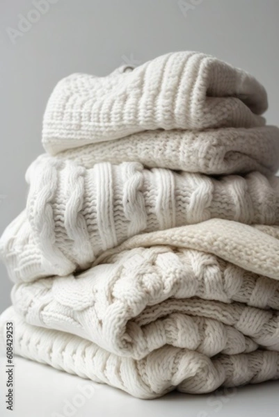 Fototapeta a stack of folded light knitted sweaters on a light background. Generative AI