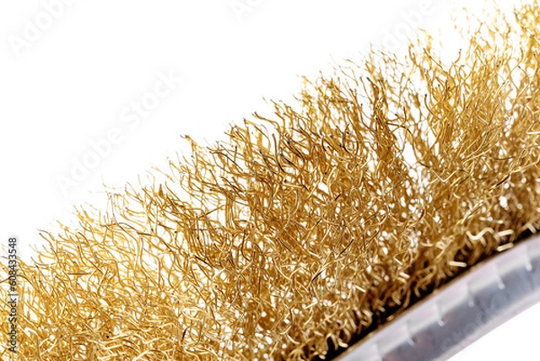 Fototapeta metal brush for cleaning metal with a plastic and wooden handle on a white background