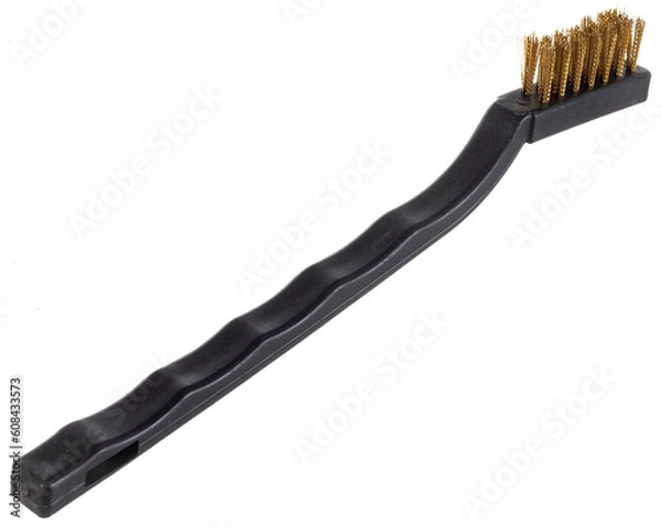 Fototapeta metal brush for cleaning metal with a plastic and wooden handle on a white background