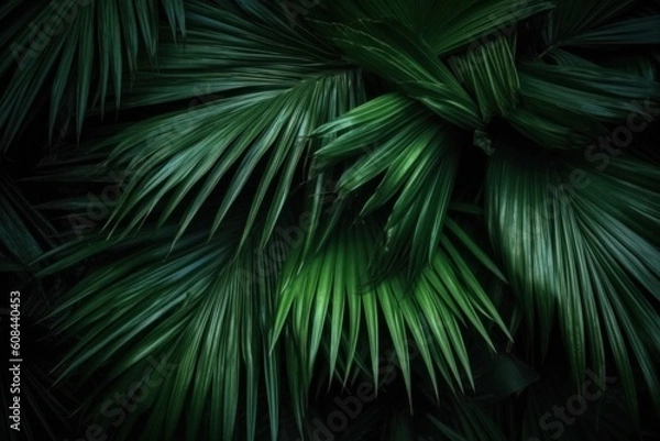 Obraz Green wall from palm leaves, green texture. Generative AI