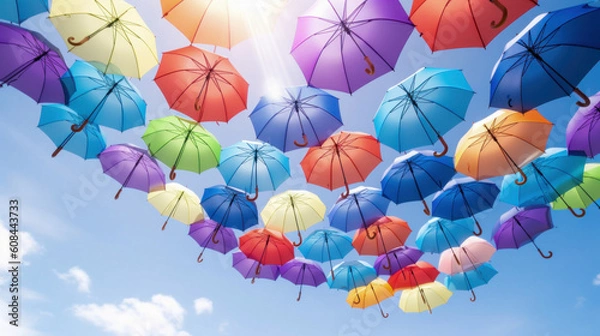 Fototapeta Beautiful colorful umbrellas against a deep blue sky. design and festive street decorations.Generative AI