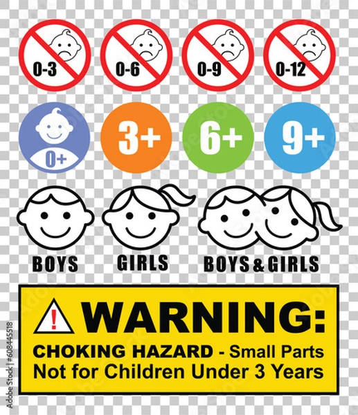 Fototapeta Warning Caution - Choking hazard small parts - not suitable for children under 3 years - Symbol 0-3 3+ 6+ 9+ ages sign vector illustration labels stickers	
