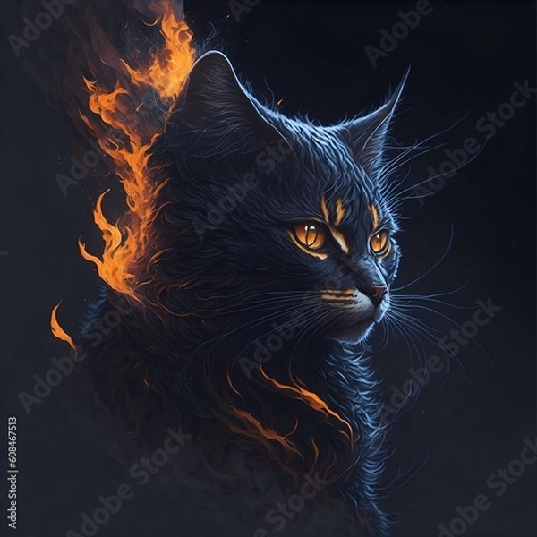 Fototapeta Black cat with beautiful eyes on black background, generative AI