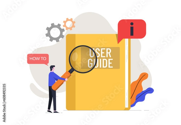 Fototapeta User manual guide book concept, People characters holds magnifier to read for guidance manual instruction textbook, specification user tutorial document, terms and conditions