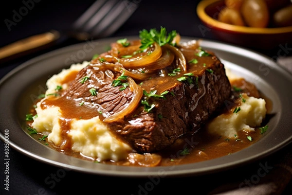 Fototapeta A close-up view of sauerbraten-tender pot roast is served on a plate. (Generative AI)