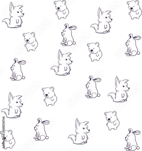 Fototapeta Cartoon funny pattern with cute foxes, bears, rabbits and dogs. 