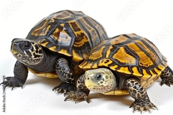 Fototapeta two cute small turtles on a plain white background Generative AI
