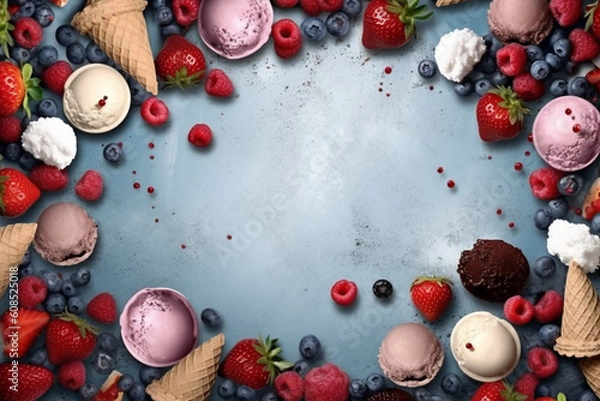 Obraz Frozen Delights: Vibrant Background with Ice Creams and Berry Decor