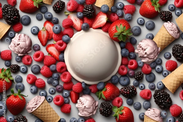 Obraz Frozen Delights: Vibrant Background with Ice Creams and Berry Decor