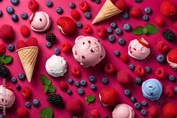 Obraz Frozen Delights: Vibrant Background with Ice Creams and Berry Decor