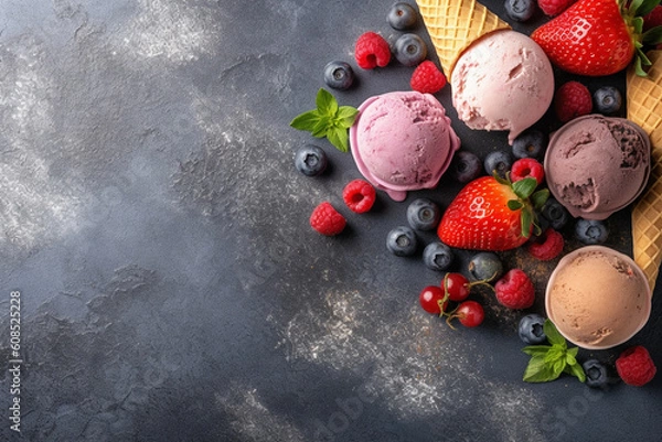 Obraz Frozen Delights: Vibrant Background with Ice Creams and Berry Decor