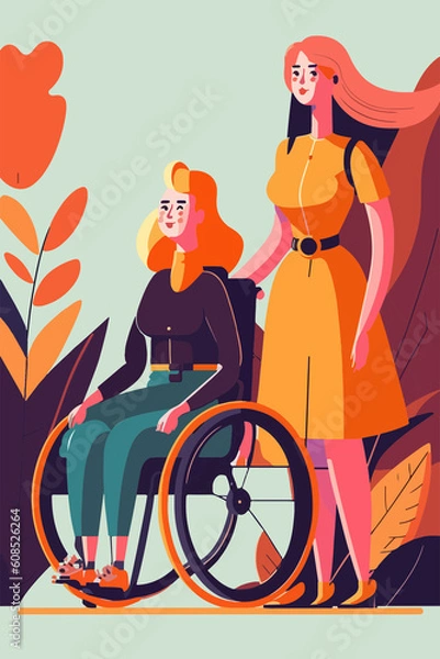 Fototapeta mother and daughter in wheelchair. generative ai technology