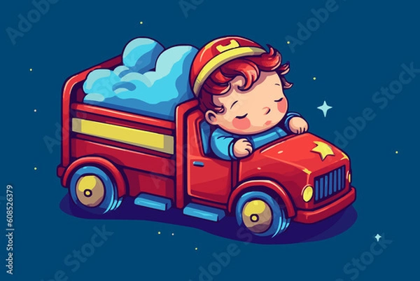 Fototapeta baby sleeping on a firetruck toy, illustration in the style of a sticker or a children's book. generative AI technology