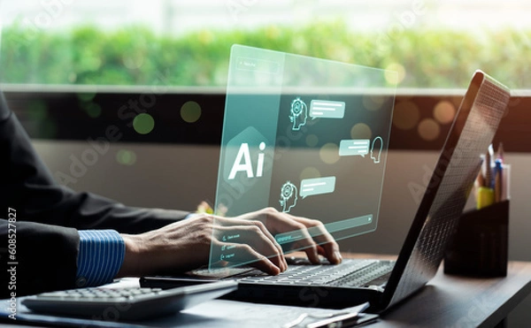 Fototapeta business people using artificial intelligence (AI) Automation, Predictive analytics, Customer service AI-powered chatbot, analyze customer data, Futuristic technology transformation.
