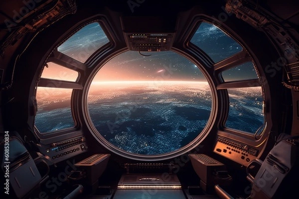 Obraz Illuminated Spaceship Cabin with a Glimpse of the Night Sky through a Window., Generative AI.