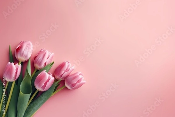 Fototapeta Flat Lay Style Top View of Pink Background with Spring Tulip Flowers - Perfect for Women's Day, Mother's Day, or Spring Sale Banners, Generative AI.