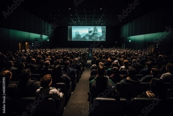 Fototapeta Audience Full of Tech People in Dark Conference Hall. Generative AI