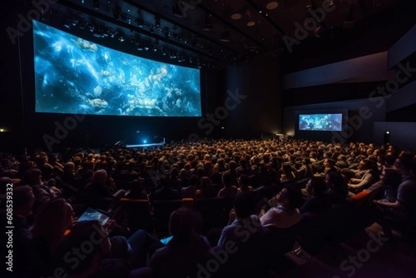 Fototapeta Audience Full of Tech People in Dark Conference Hall. Generative AI
